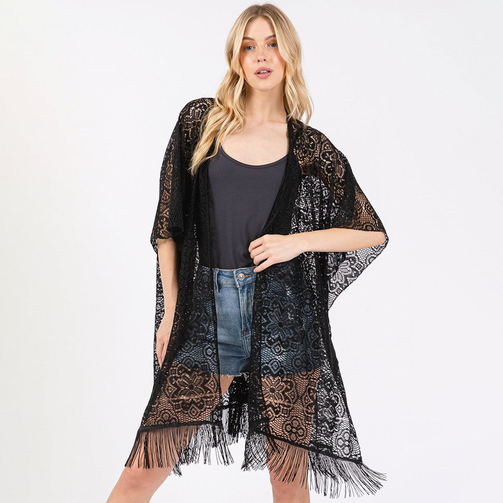 Madeline Love Black Flower Pattern Crochet Lace Tassel Cover Up Poncho - Hair Accessories - desc