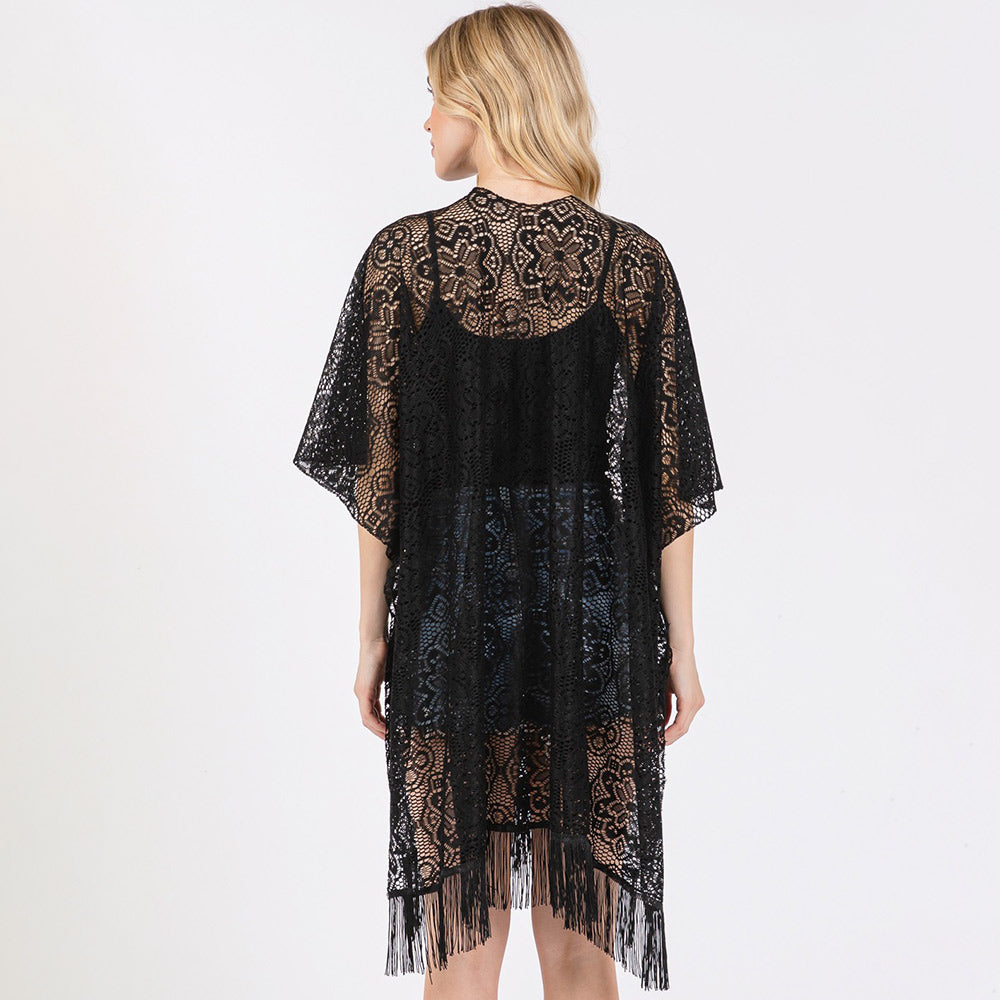Madeline Love Black Flower Pattern Crochet Lace Tassel Cover Up Poncho - Hair Accessories - extra