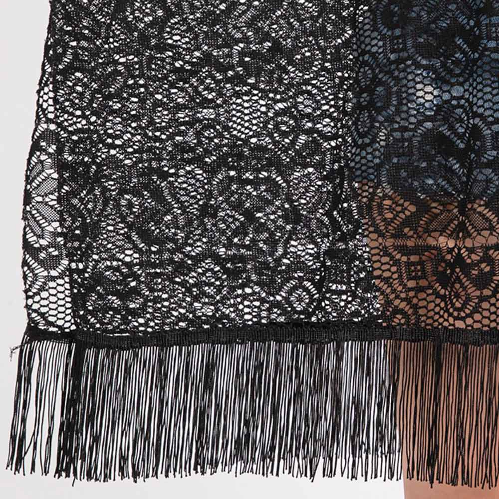 Madeline Love Black Flower Pattern Crochet Lace Tassel Cover Up Poncho - Hair Accessories - extra