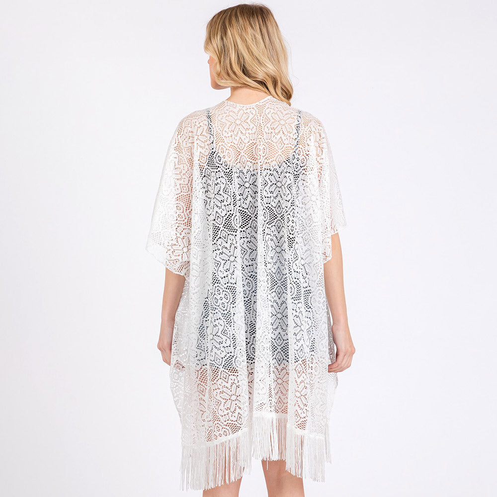 Madeline Love White Flower Pattern Crochet Lace Tassel Cover Up Poncho - Hair Accessories - extra