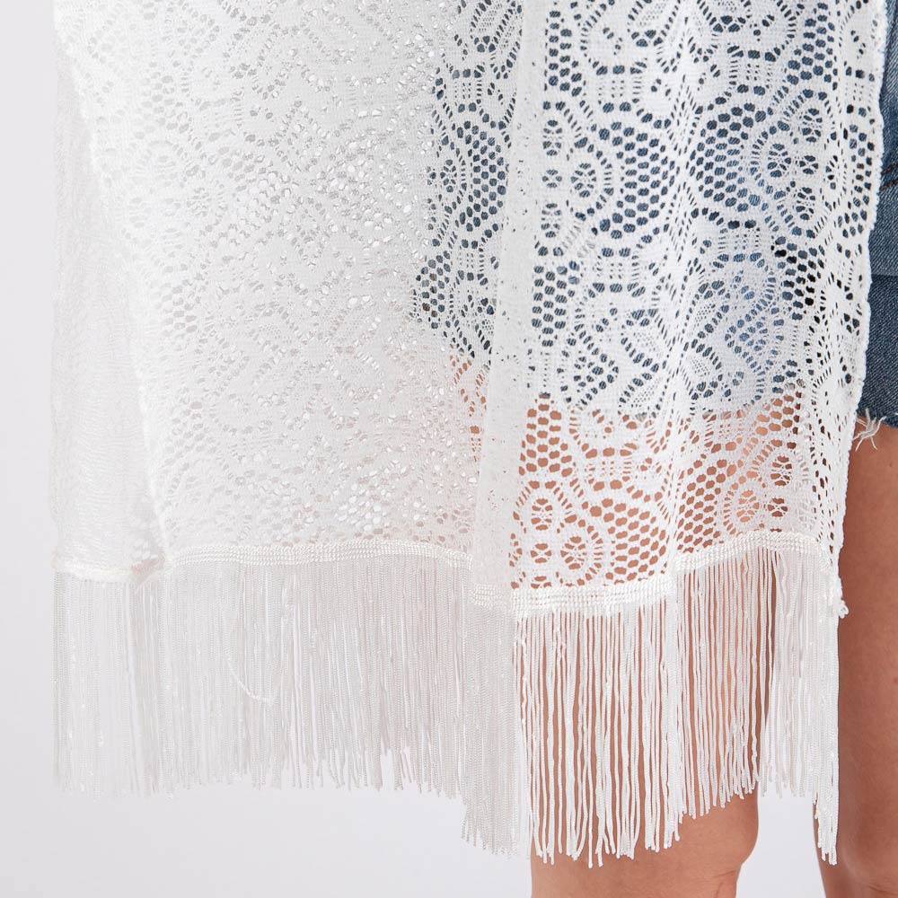 Madeline Love White Flower Pattern Crochet Lace Tassel Cover Up Poncho - Hair Accessories - extra
