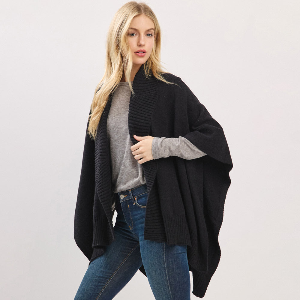 Black Ribbed Trim Open Front Soft Knit Shawl Cape Poncho
