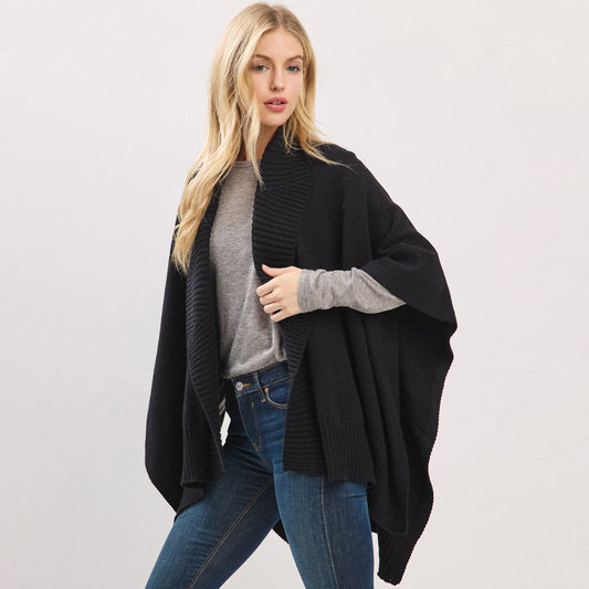 Black Ribbed Trim Open Front Soft Knit Shawl Cape Poncho