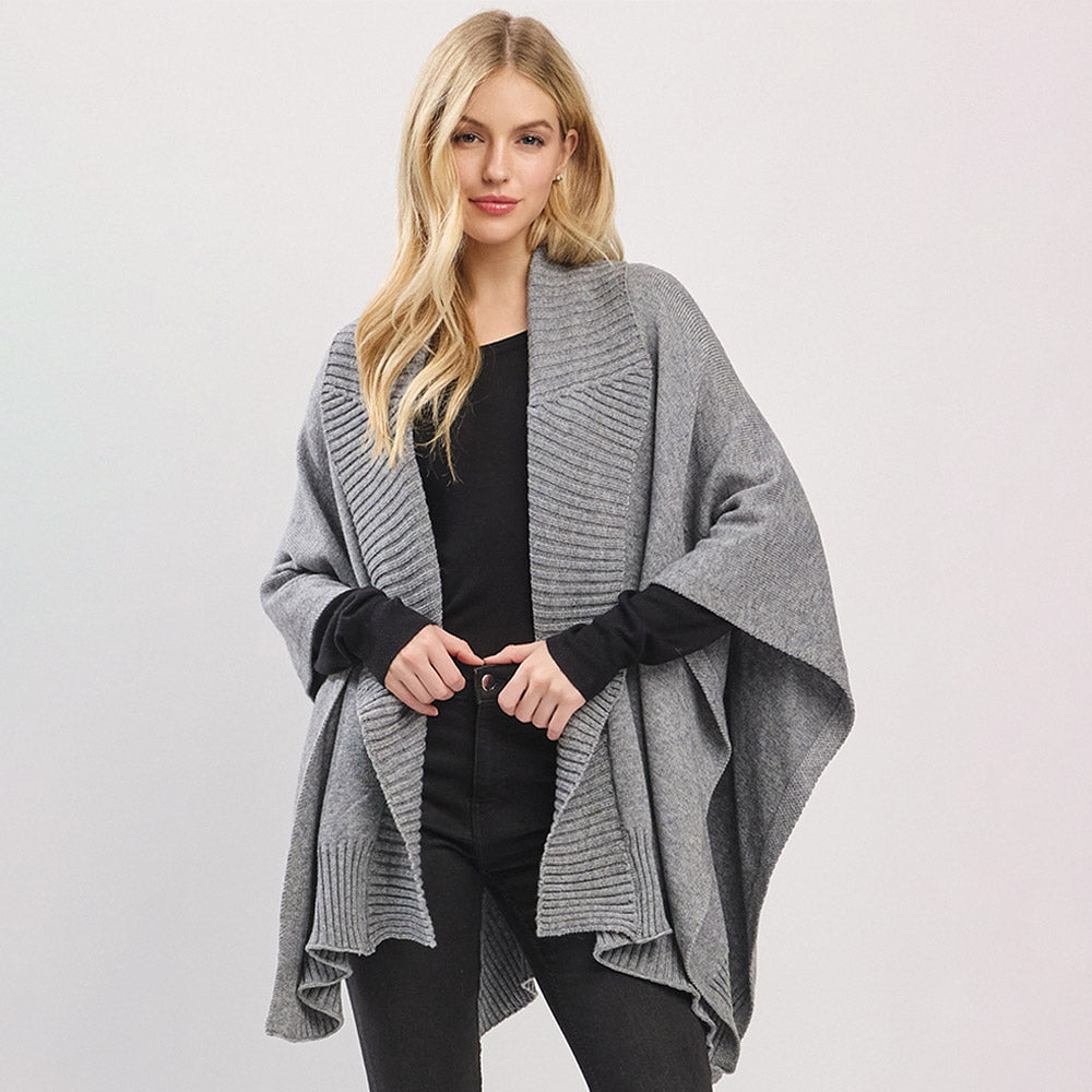 Gray Ribbed Trim Open Front Soft Knit Shawl Cape Poncho
