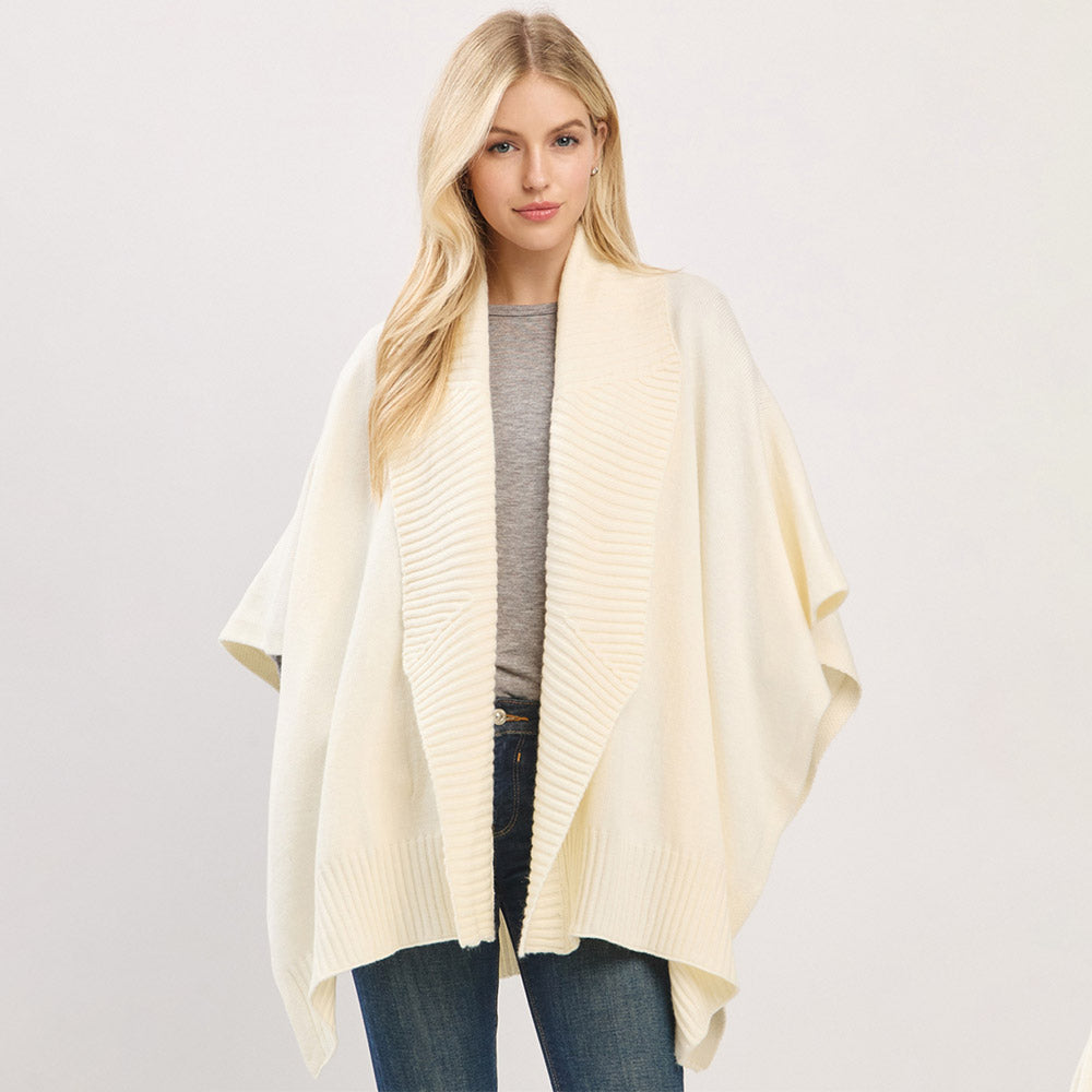 Ivory Ribbed Trim Open Front Soft Knit Shawl Cape Poncho