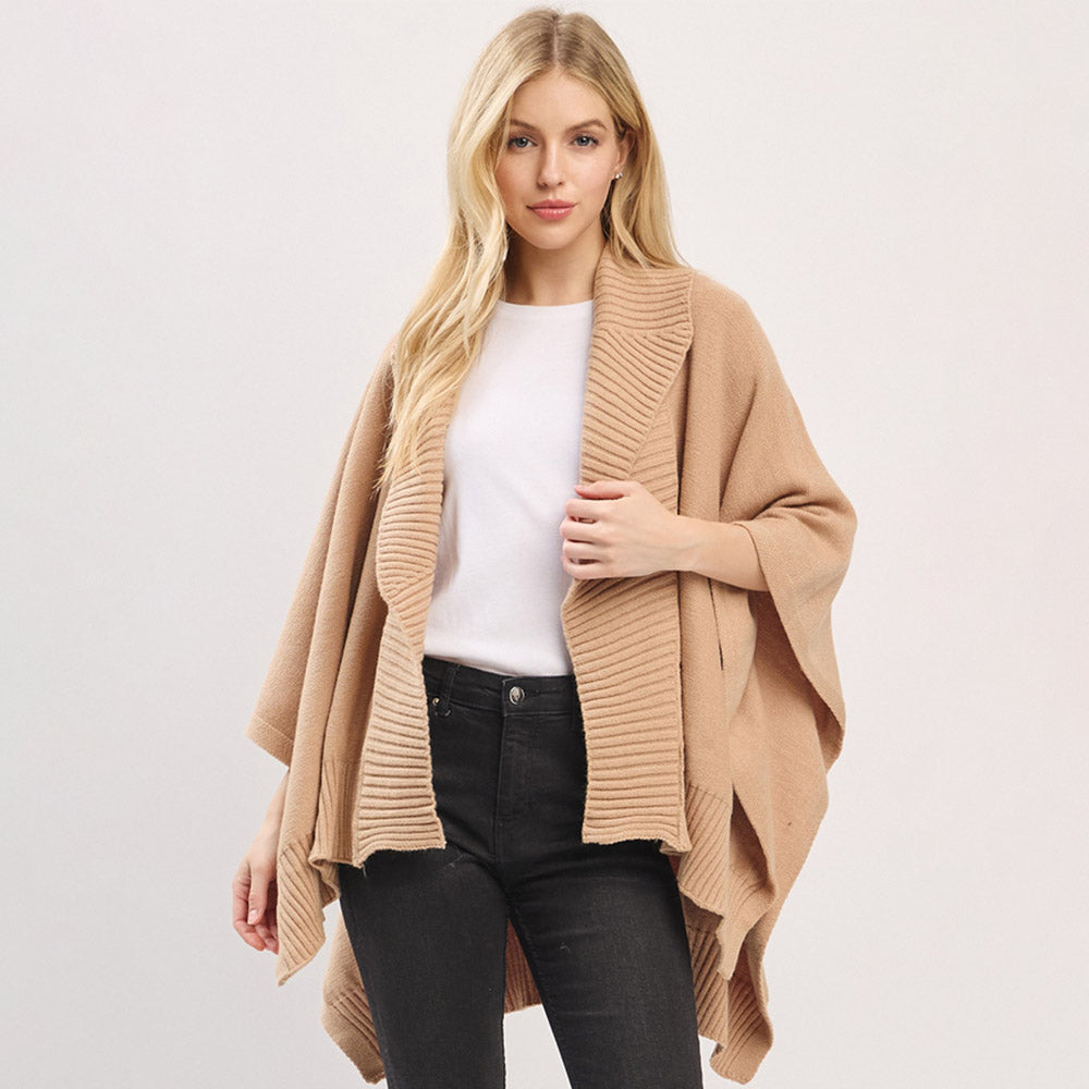 Taupe Ribbed Trim Open Front Soft Knit Shawl Cape Poncho