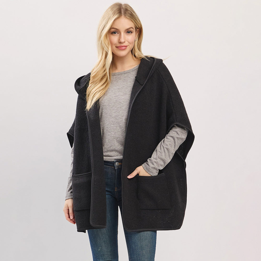 Black Solid Hooded Poncho Wrap with Pockets