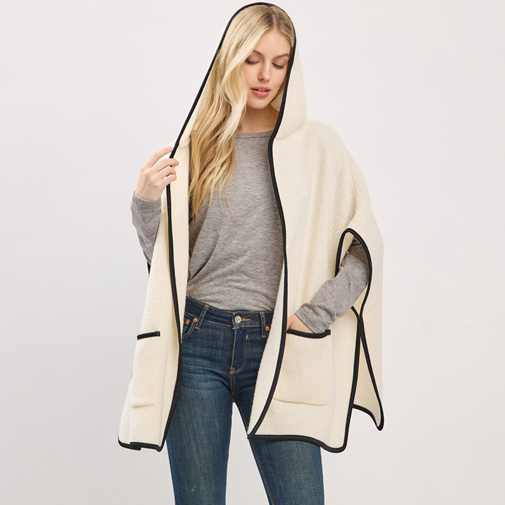 Ivory Solid Hooded Poncho Wrap with Pockets