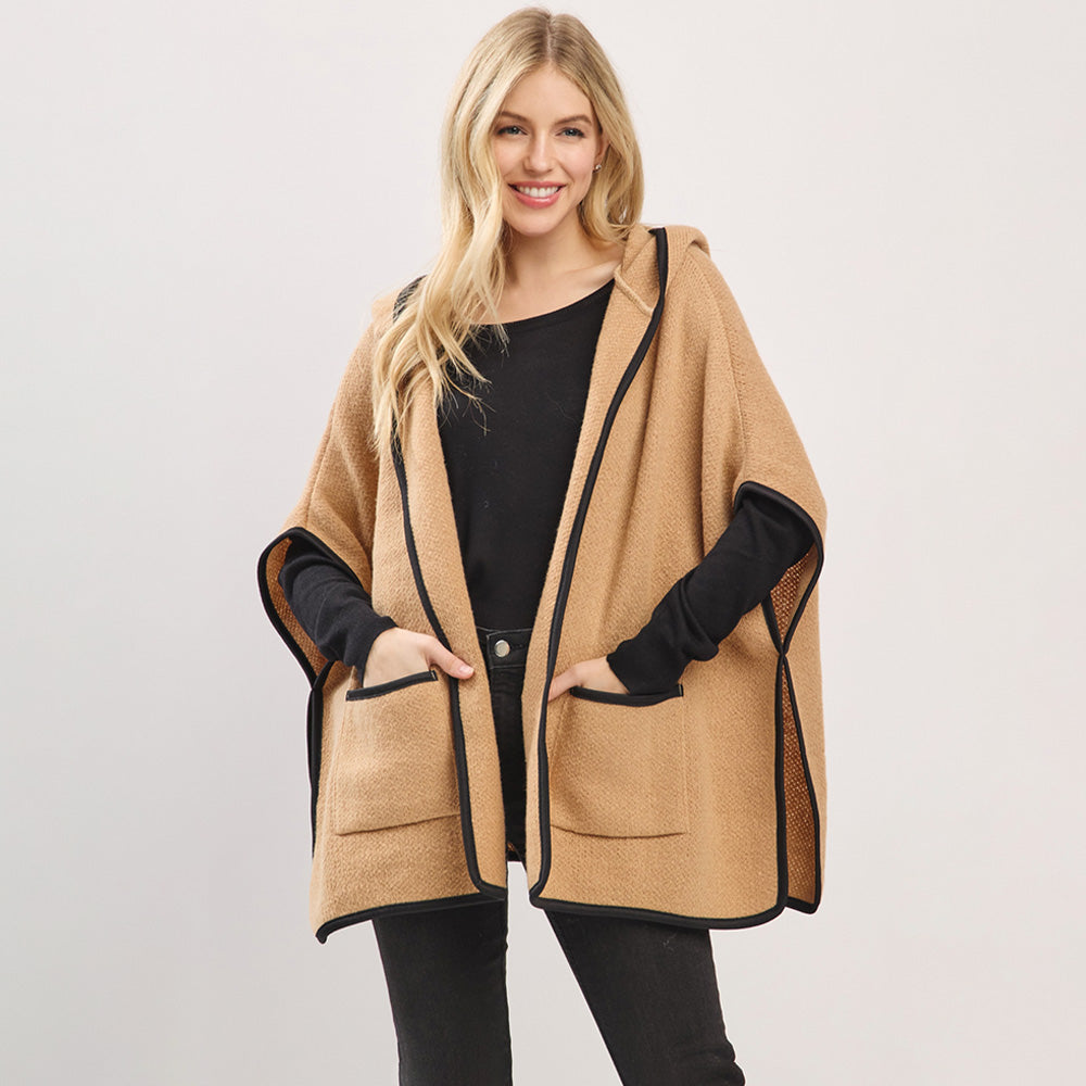 Taupe Solid Hooded Poncho Wrap with Pockets