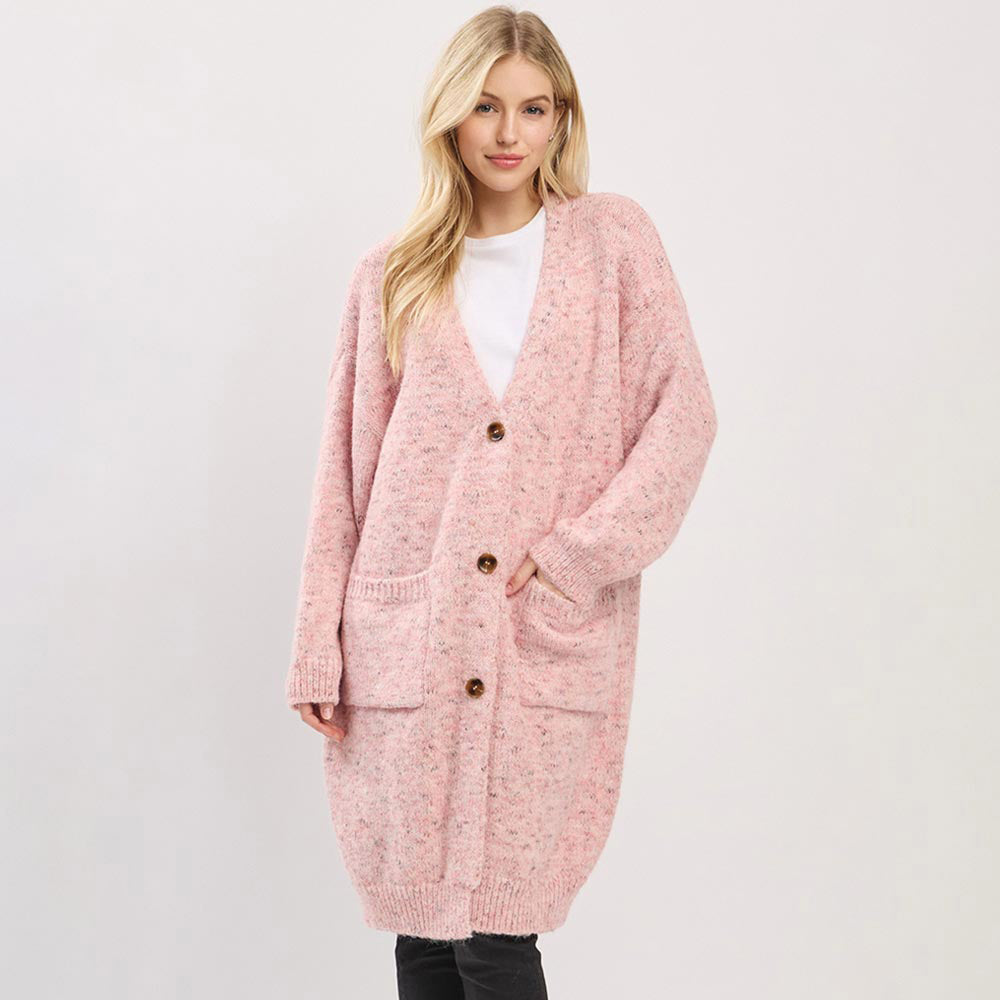 Pink Long Button Front Soft Cozy Oversized Cardigan