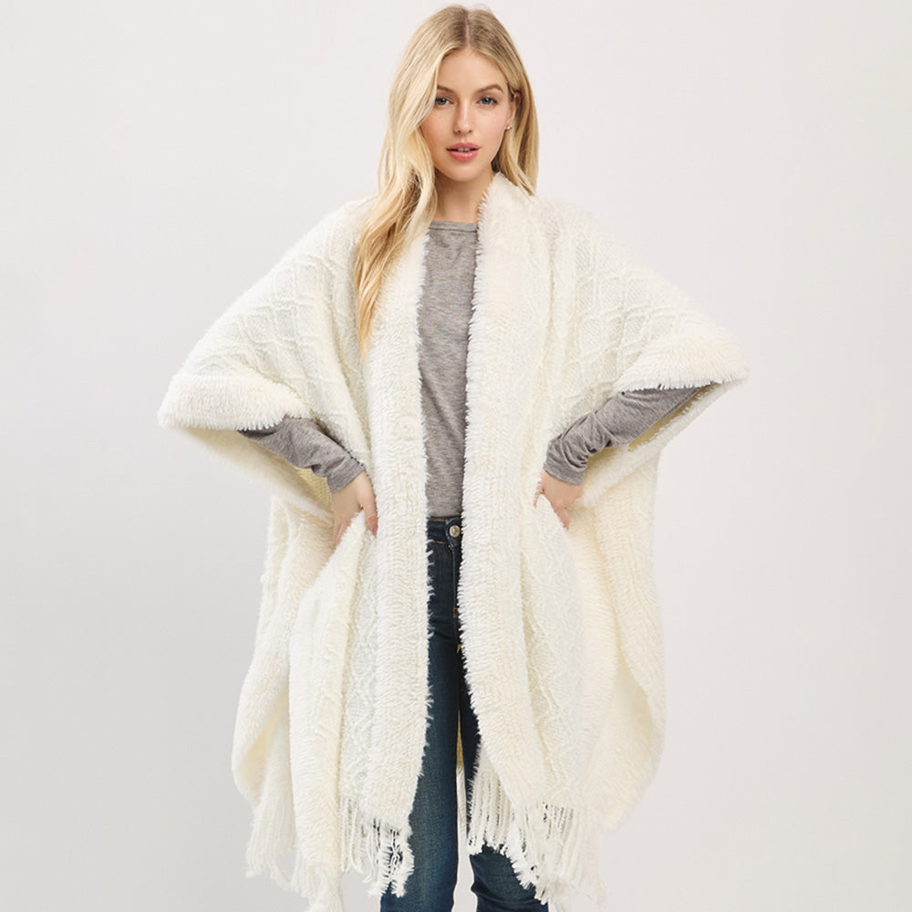 Ivory Fringe Trim Textured Poncho Wrap