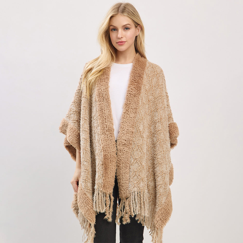 Taupe Fringe Trim Textured Poncho Wrap