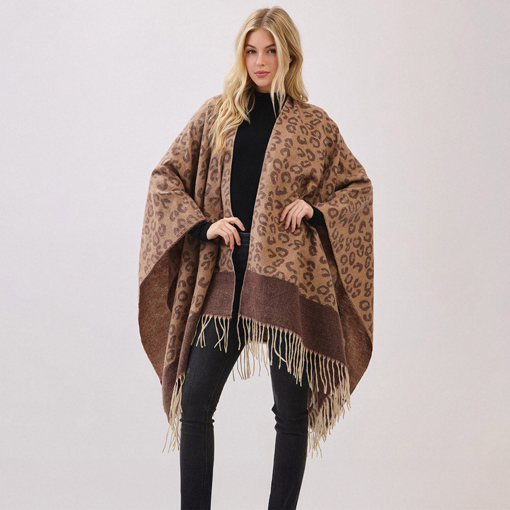 Taupe Leopard Pattern Fringe Poncho Wrap