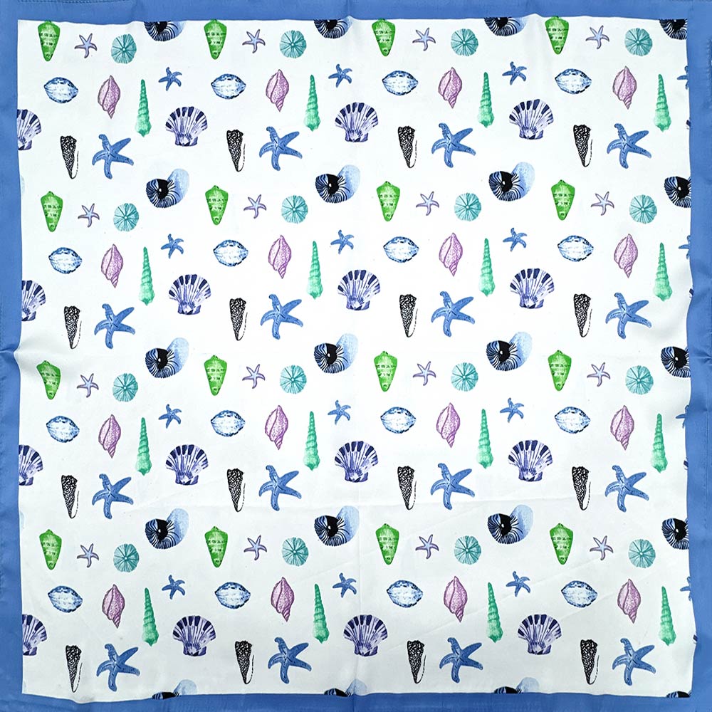 Madeline Love Blue Beach Day Sea Life Printed Square Silky Satin Bandana Scarf - Scarves & Wraps