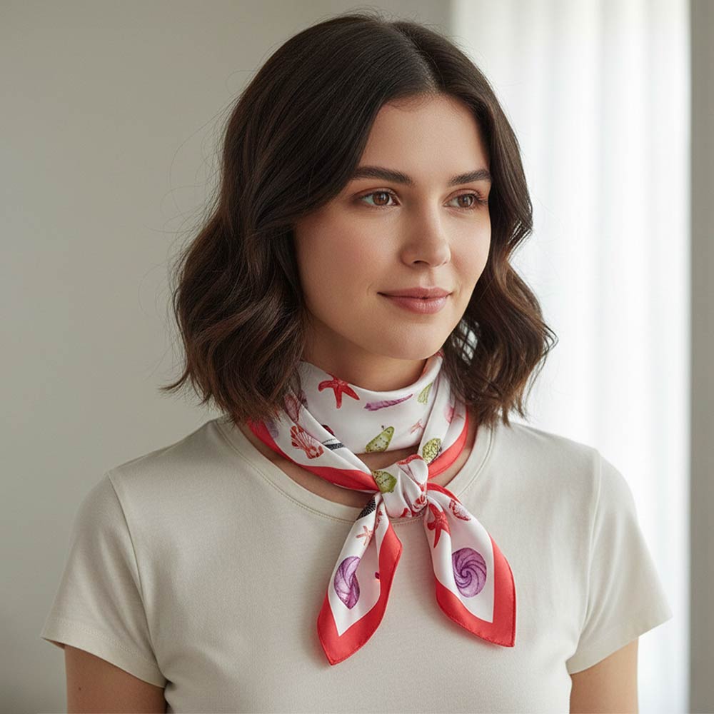 Madeline Love Red Beach Day Sea Life Printed Square Silky Satin Bandana Scarf - Scarves & Wraps