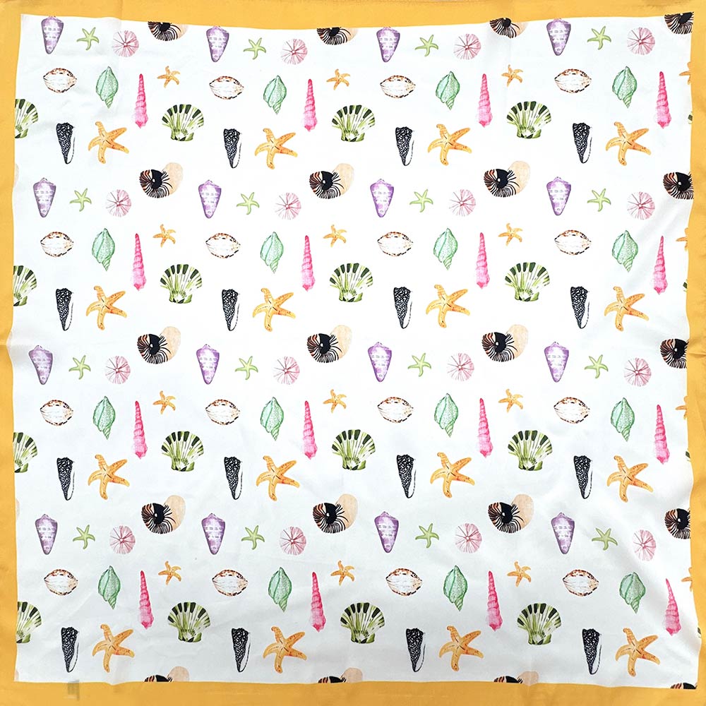 Madeline Love Yellow Beach Day Sea Life Printed Square Silky Satin Bandana Scarf - Scarves & Wraps
