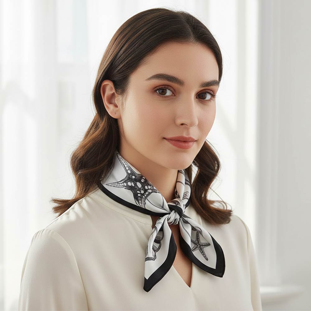 Madeline Love Black Mermaid Seashell Starfish Pattern Printed Square Silky Satin Bandana Scarf - Scarves & Wraps