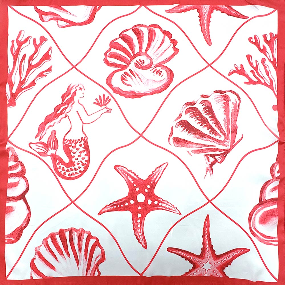 Madeline Love Red Mermaid Seashell Starfish Pattern Printed Square Silky Satin Bandana Scarf - Scarves & Wraps