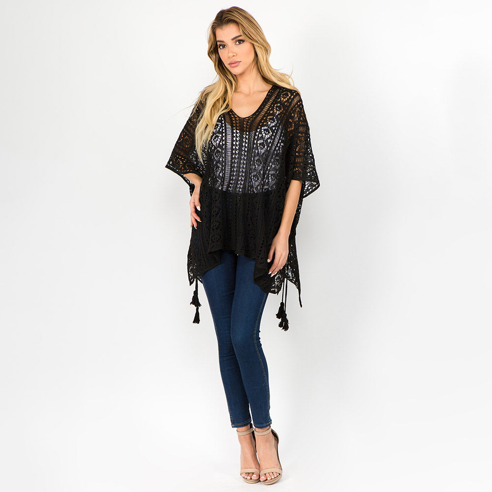 Madeline Love Black Boho Crochet Tassel Poncho Top - Hair Accessories - desc
