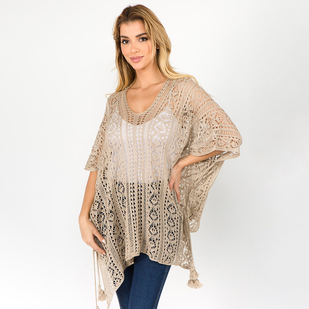Madeline Love Tan Boho Crochet Tassel Poncho Top - Hair Accessories