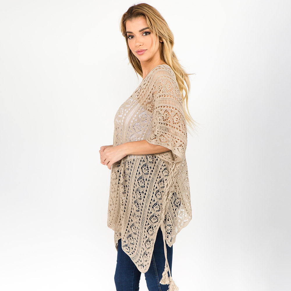Madeline Love Tan Boho Crochet Tassel Poncho Top - Hair Accessories - desc