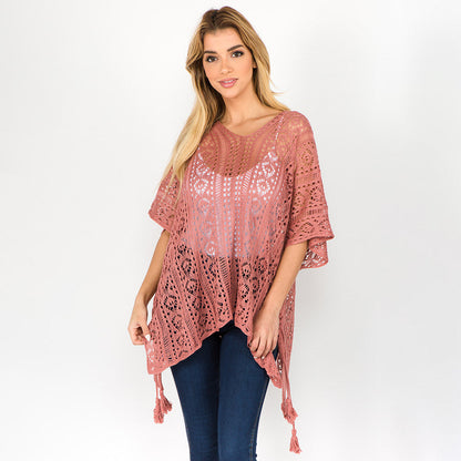 Madeline Love Pink Boho Crochet Tassel Poncho Top - Hair Accessories