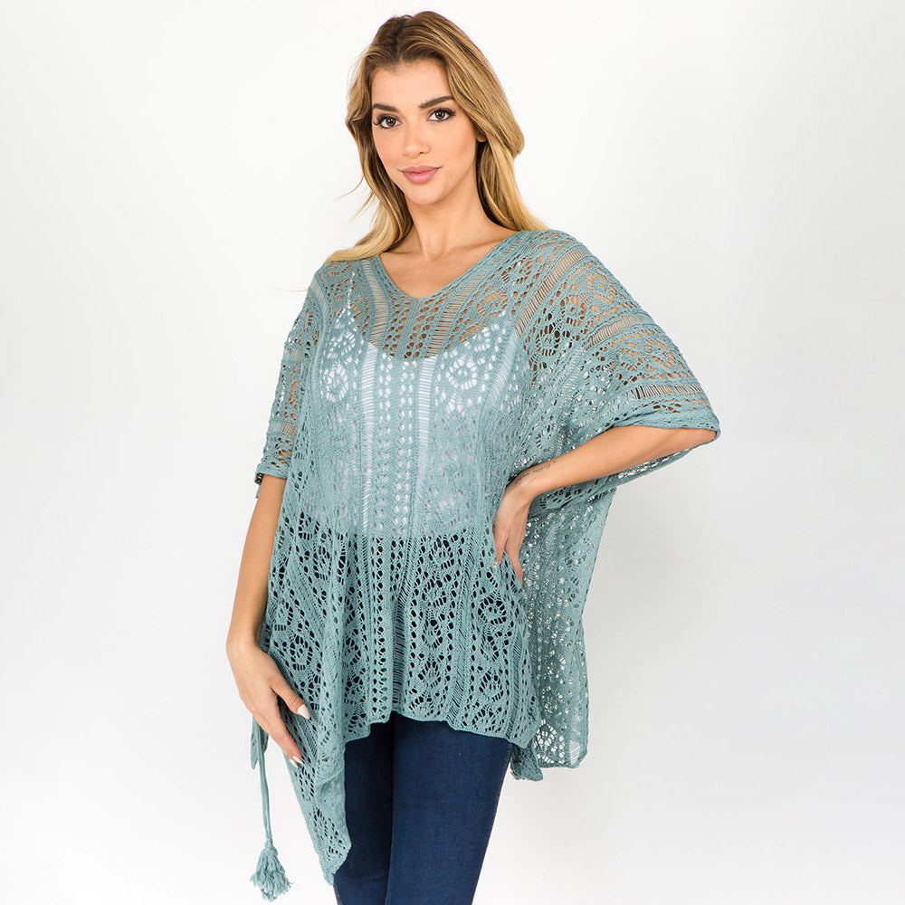 Madeline Love Sage Boho Crochet Tassel Poncho Top - Hair Accessories