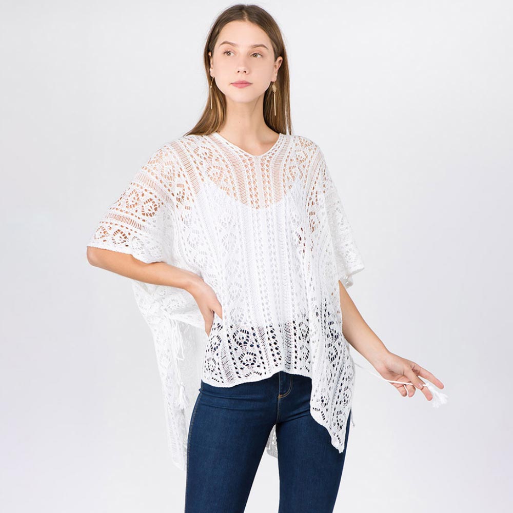 Madeline Love White Boho Crochet Tassel Poncho Top - Hair Accessories