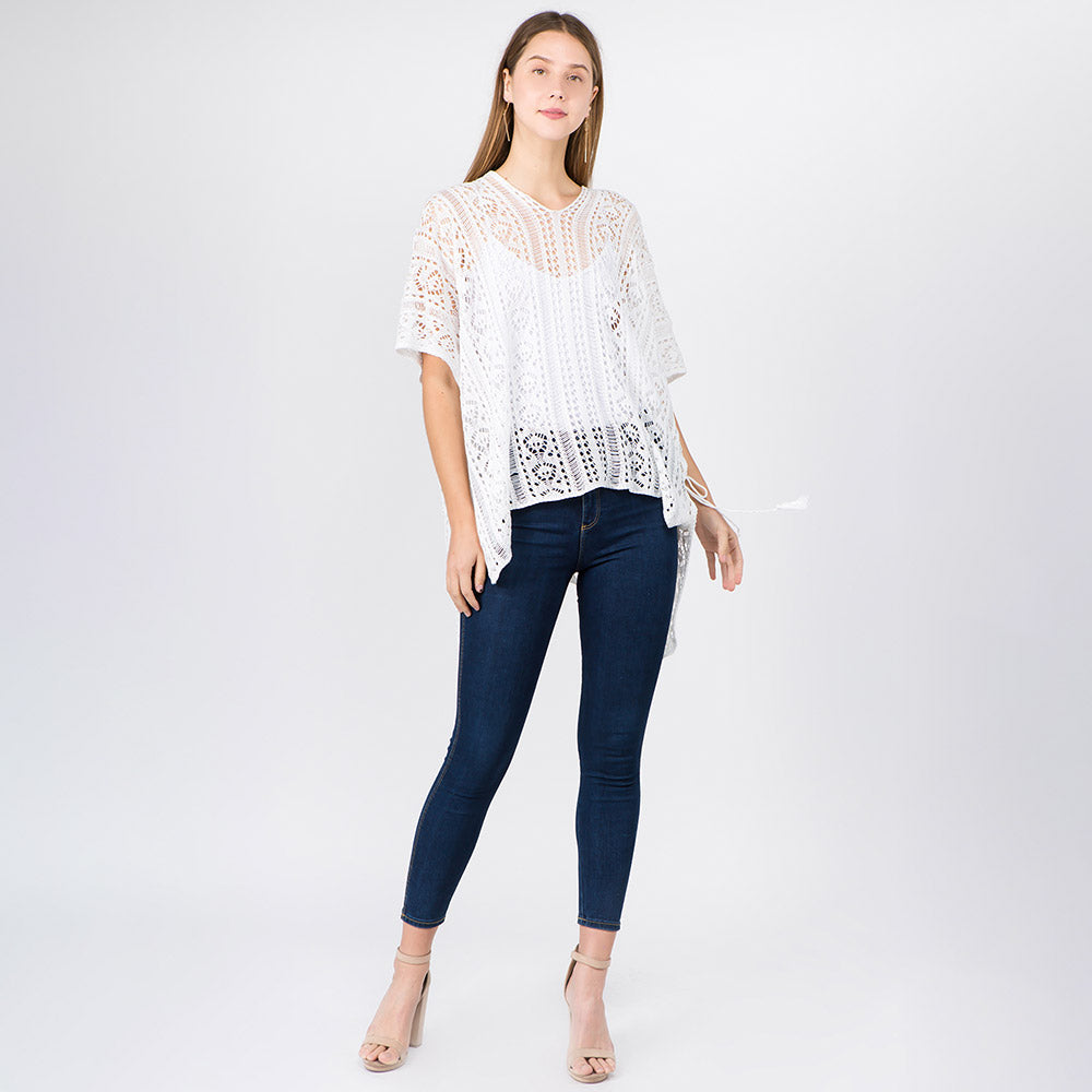 Madeline Love White Boho Crochet Tassel Poncho Top - Hair Accessories - desc