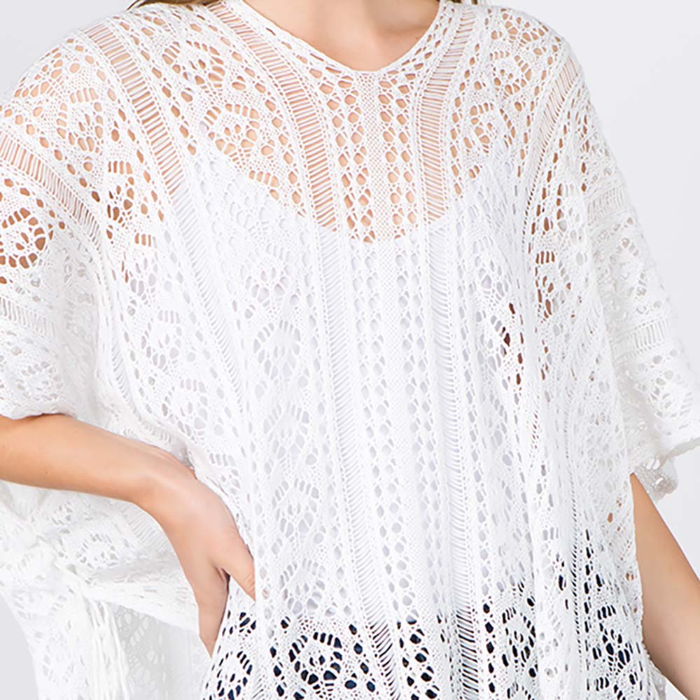 Madeline Love White Boho Crochet Tassel Poncho Top - Hair Accessories - extra