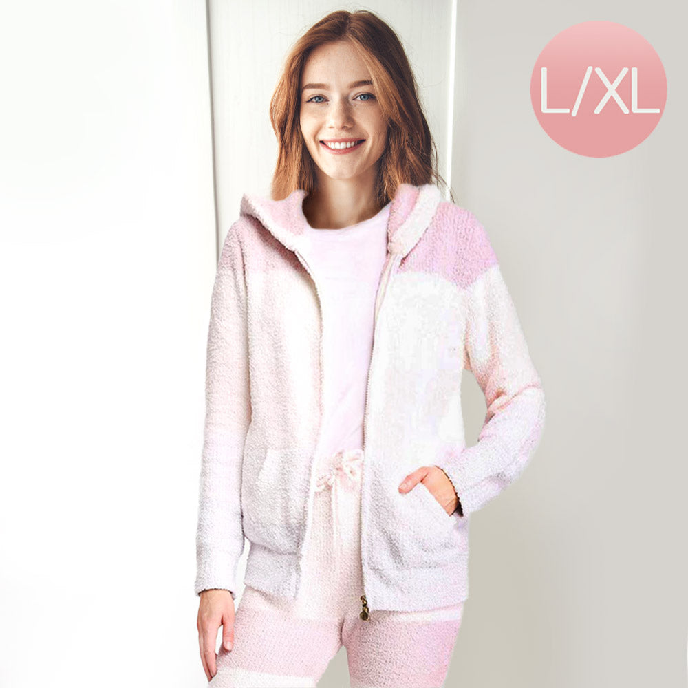 Pink Color Block Front Pocket Zip Up Soft Hoodie