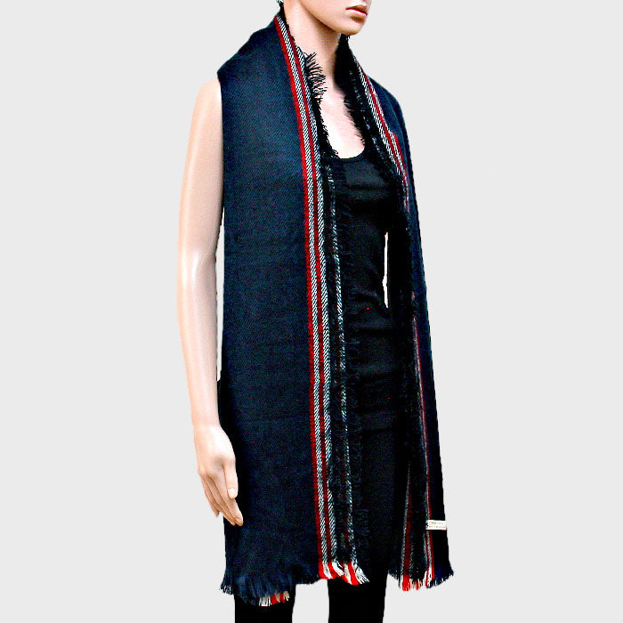 Madeline Love Navy Stripe Accented Scarf with Raw Fringe Trim - Jewelry