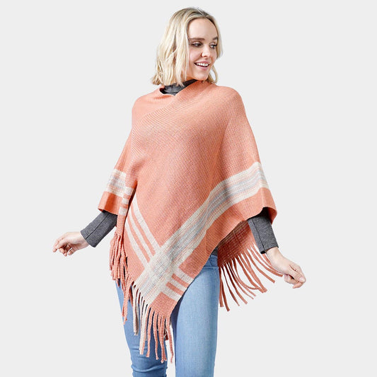 Coral Knit Poncho With Tassel