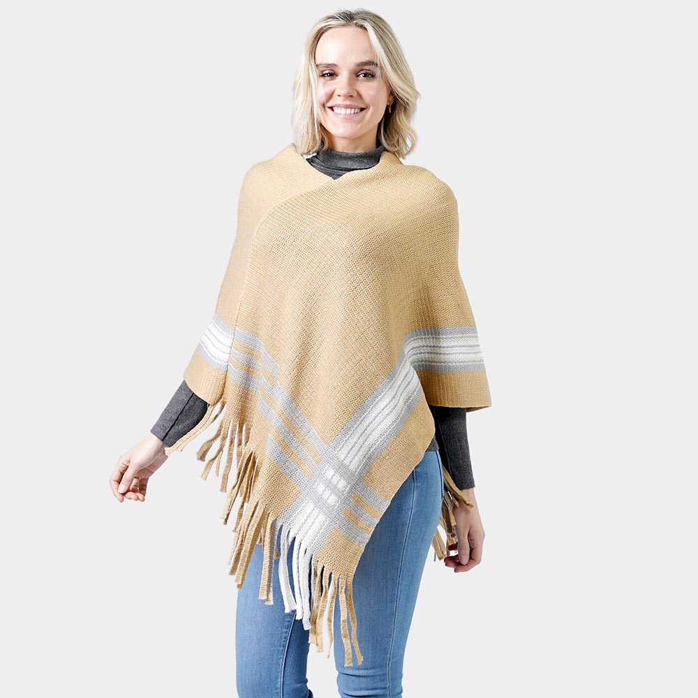 Taupe Knit Poncho With Tassel
