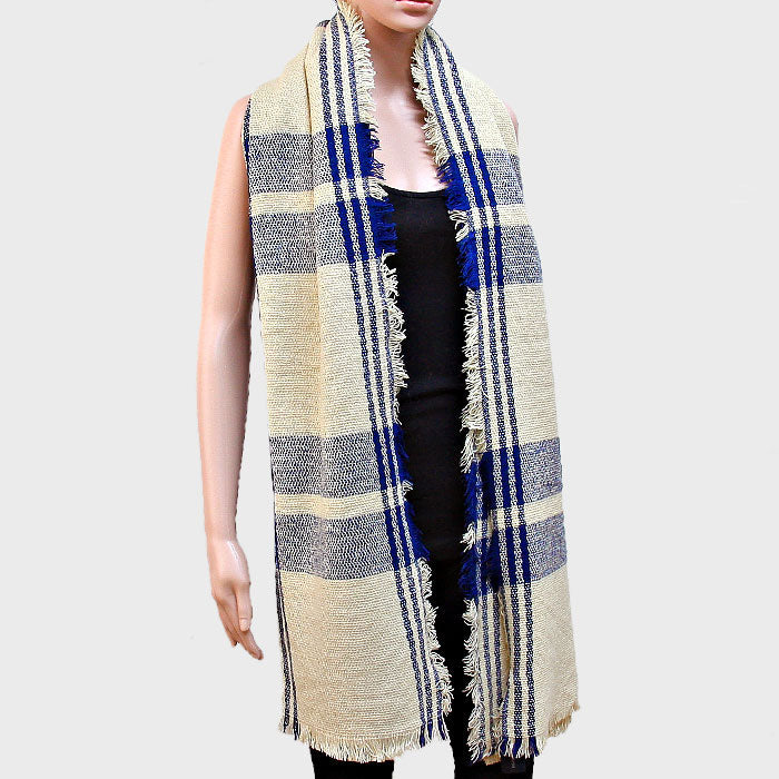 Madeline Love Navy Plaid Check Shawl Scarf with Raw Fringe Trim - Hair Accessories
