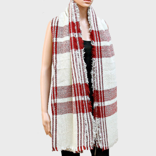 Madeline Love White Plaid Check Shawl Scarf with Raw Fringe Trim - Hair Accessories