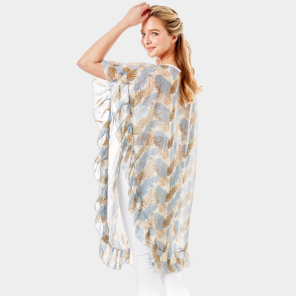 Madeline Love Blue Tropical Leaf and Feather Half Ruffled Cover Up Poncho - Apparel