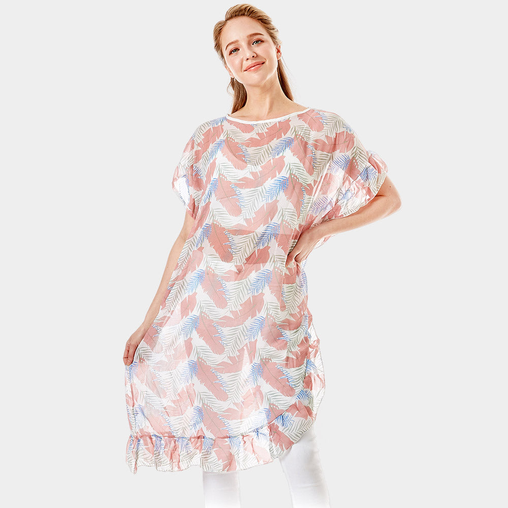 Madeline Love Pink Tropical Leaf and Feather Half Ruffled Cover Up Poncho - Apparel