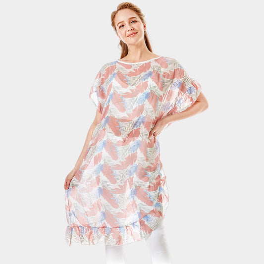 Madeline Love Pink Tropical Leaf and Feather Half Ruffled Cover Up Poncho - Apparel