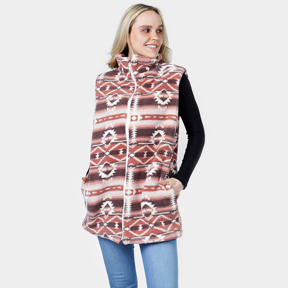 Brown Aztec Patterned Sherpa Fleece Pocket Vest
