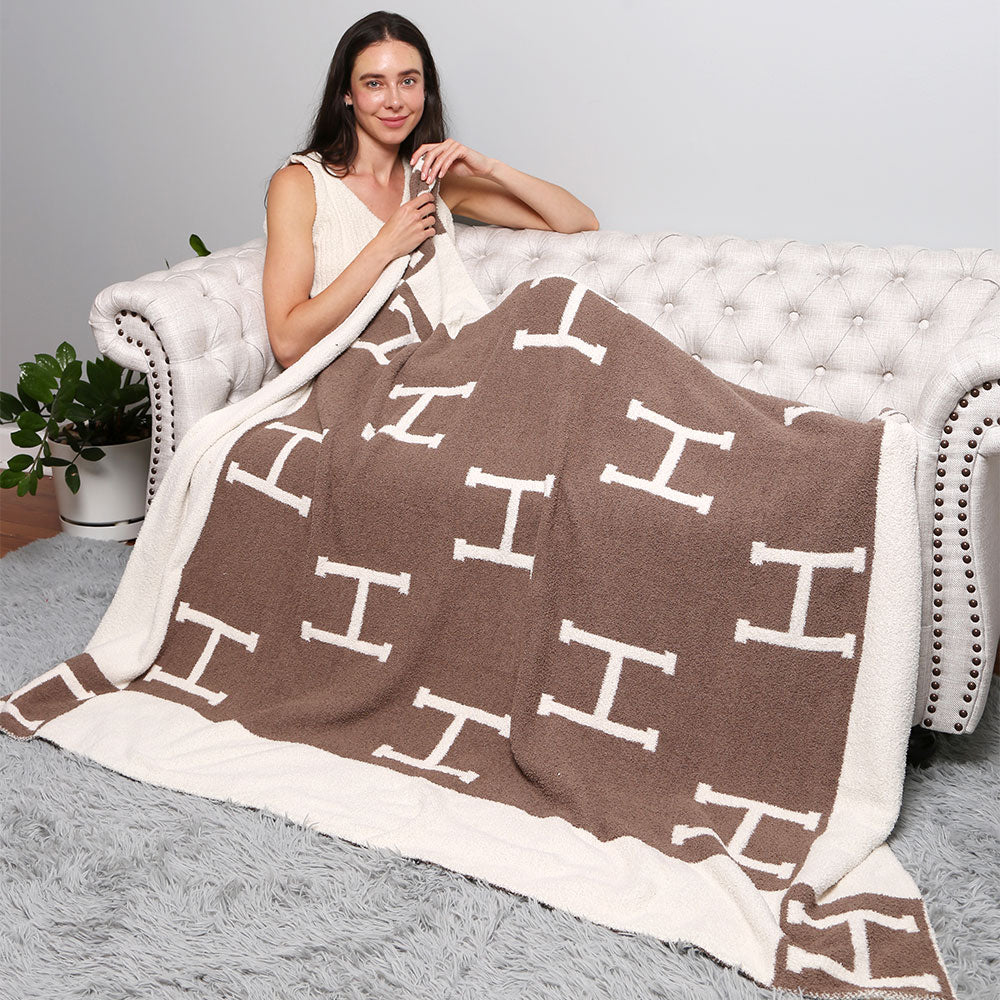 Madeline Love Beige H Patterned Reversible Throw Blanket - Jewelry