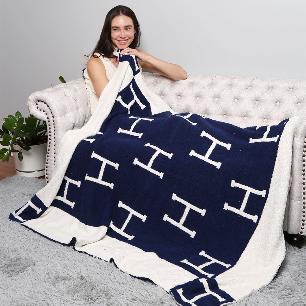 Madeline Love Navy H Patterned Reversible Throw Blanket - Jewelry