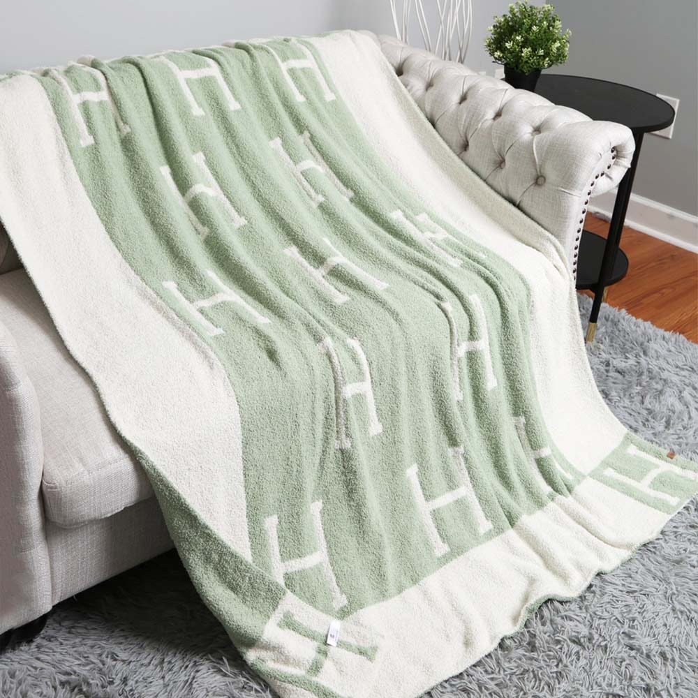 Madeline Love Green Initial H Patterned Reversible Throw Blanket - Jewelry