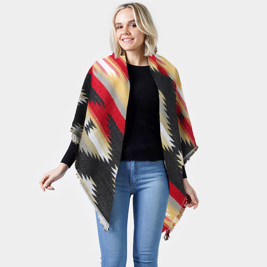 Black, Red Western Pattern Jacquard Blanket Shawl
