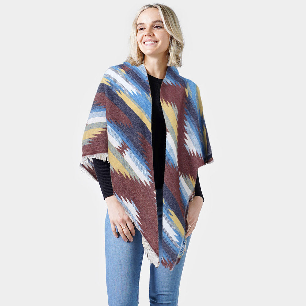 Blue, Brown Western Pattern Jacquard Blanket Shawl