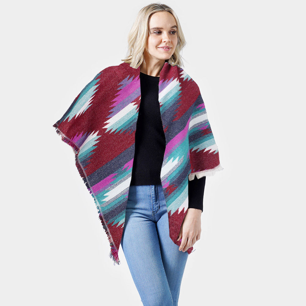 Blue, Teal Western Pattern Jacquard Blanket Shawl