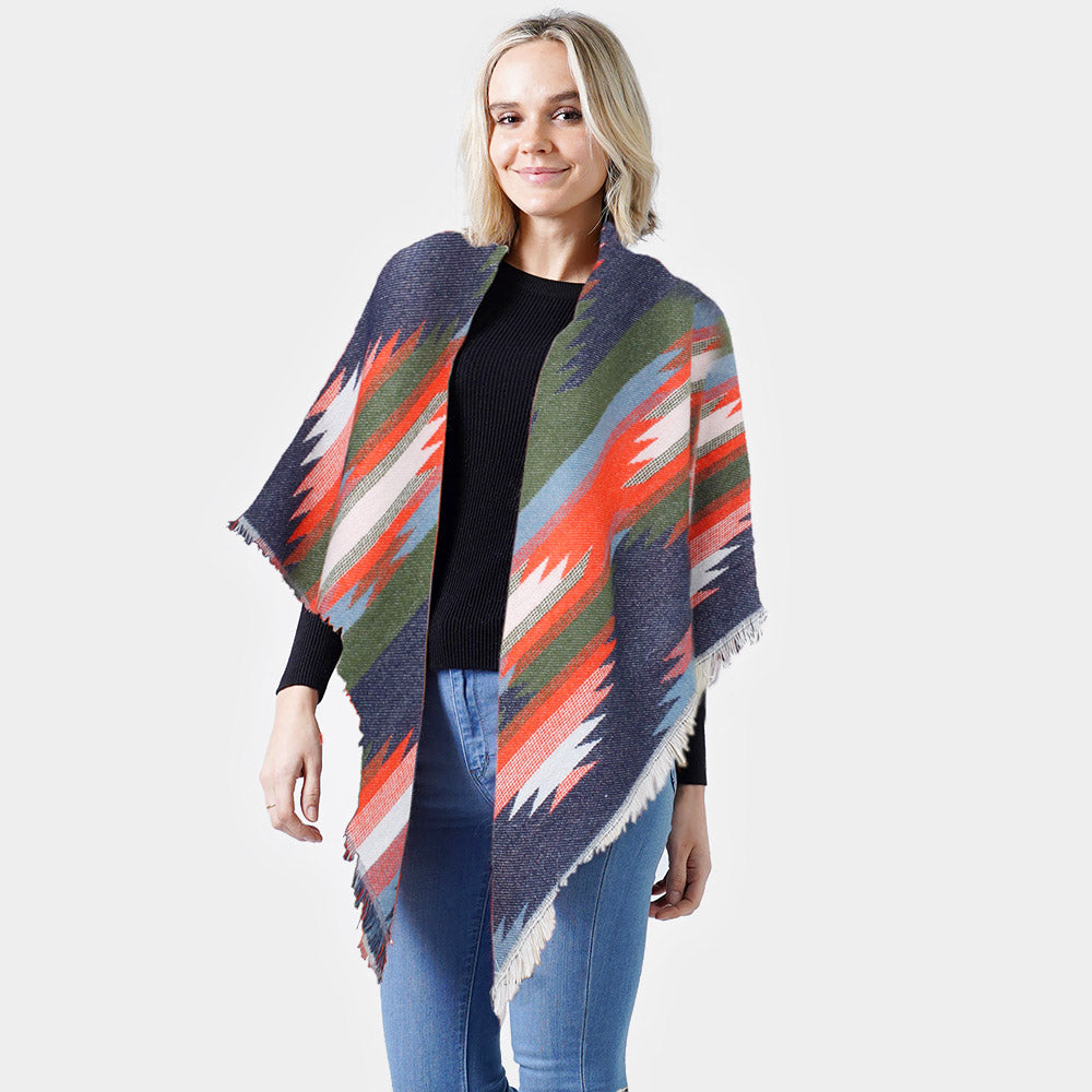Navy, Orange Western Pattern Jacquard Blanket Shawl