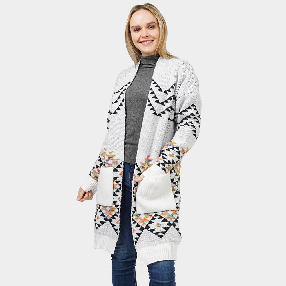 White Aztec Patterned Sweater Cardigan