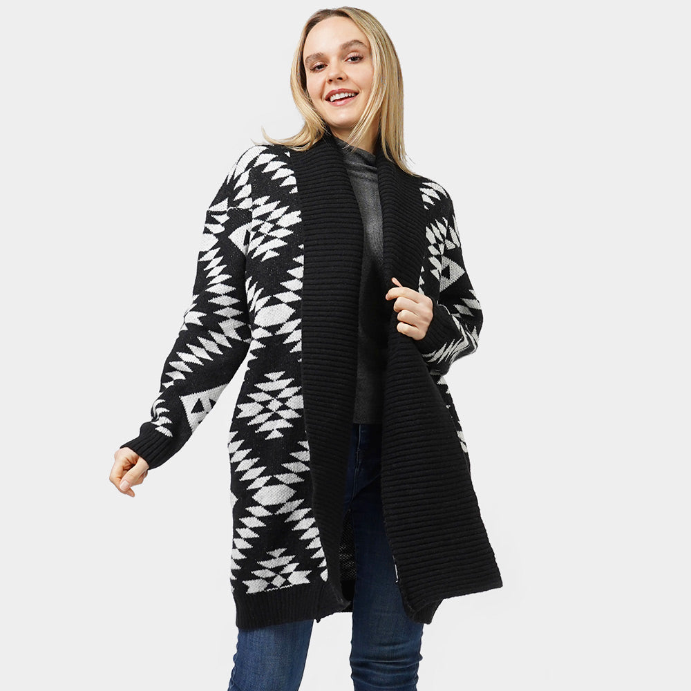 Black Aztec Patterned Sweater Cardigan