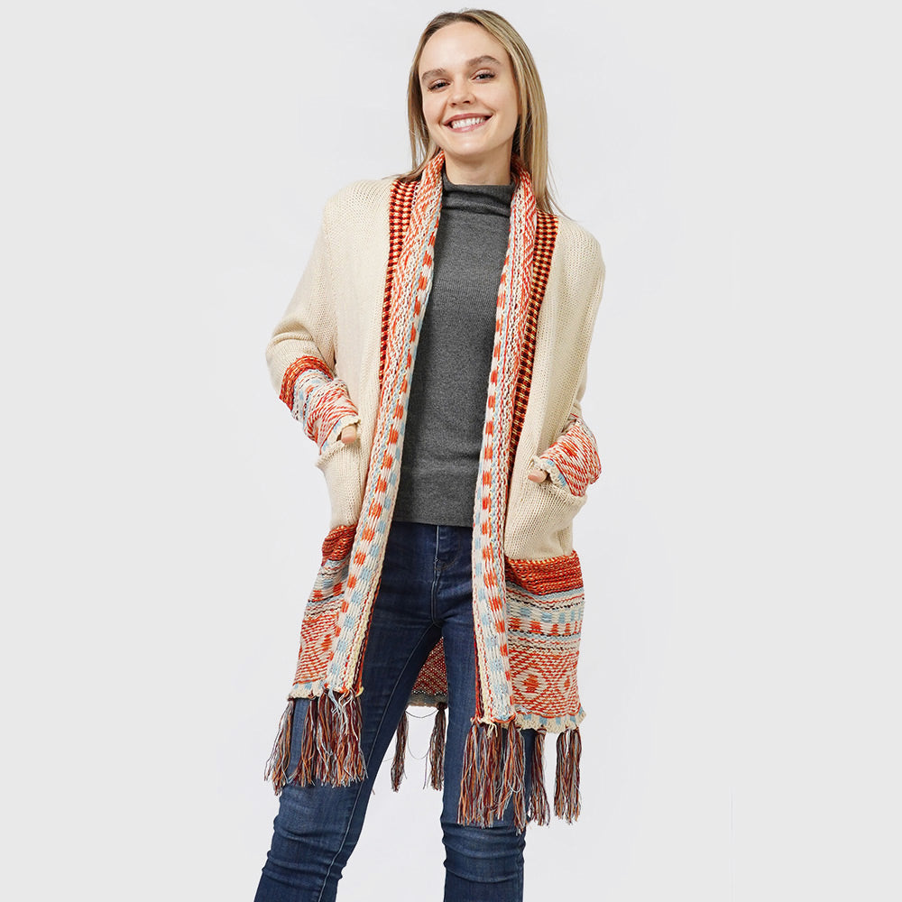 Beige Ethnic Patterned Front Pocket Sweater Cardigan